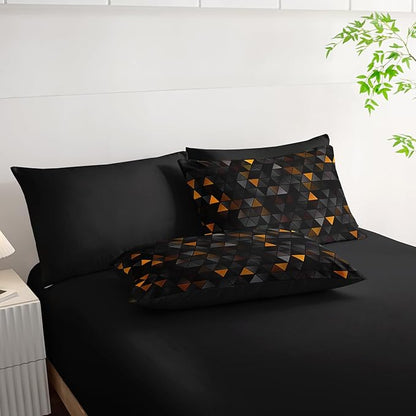 Geometric Yellow Black Triangle King Size Comforter Set,Light Honeycomb Bedding Set 7 Piece in A Bag,Bed Sheet Set Geometry Decor,Microfiber Lightweight All Season