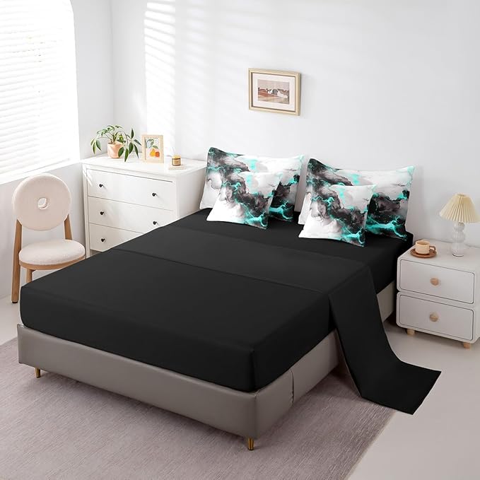 Black and Grey Teal Bedding Comforter Sets 7 Pieces Marble Aesthetic Bed in a Bag, Modern Marbling King Bedding Sets Watercolor Foil Print Comforter Set, Stone Pattern Bedding Sets & Collections