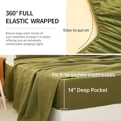 Simple&Opulence Washed Linen Bed Sheet Set Basic Style 4 Pieces (1 Flat Sheet & 1 Fitted Sheet & 2 Pillowcases) 100% Natural French Flax Soft Breathable Farmhouse Bedding (King, Olive Green)