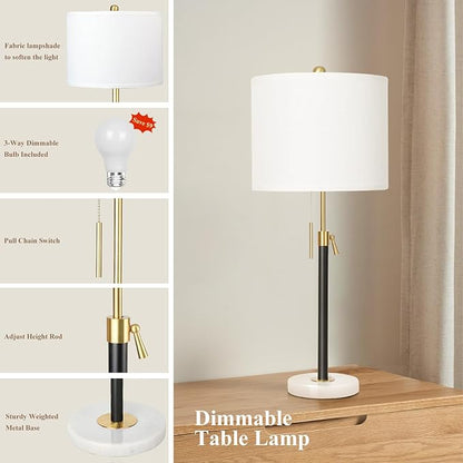 Table Lamps for Bedrooms Set of 2, 22" to 30" Height Adjustable Nightstand Lamps with Linen Shade, Pull Chain Switch Lamps for Living Room, 3 Way Dimmable Beside Lamp