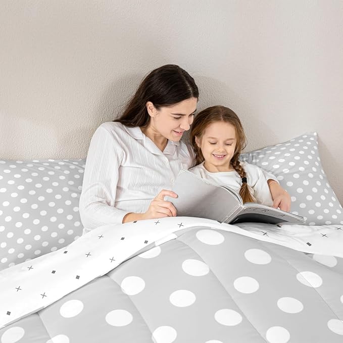 Manfei Polka Dots Teens Comforter Set,French Style Cartoon Dots Gray White Bedding Set All Season,Modern Geometric Circles Abstract Simple Art Comforter 3 Pcs with 2 Pillowcases,Queen Size