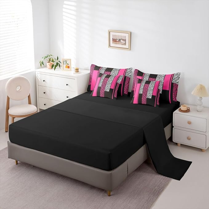 Erosebridal Leopard Print Stripes Black Pink Girls Women King 7-Piece Comforter Set | Wild Animal Skin Sheets and Pillowcases Zebra Cheetah Fur Pattern Bed in A Bag Adults Geometric Bed Sets