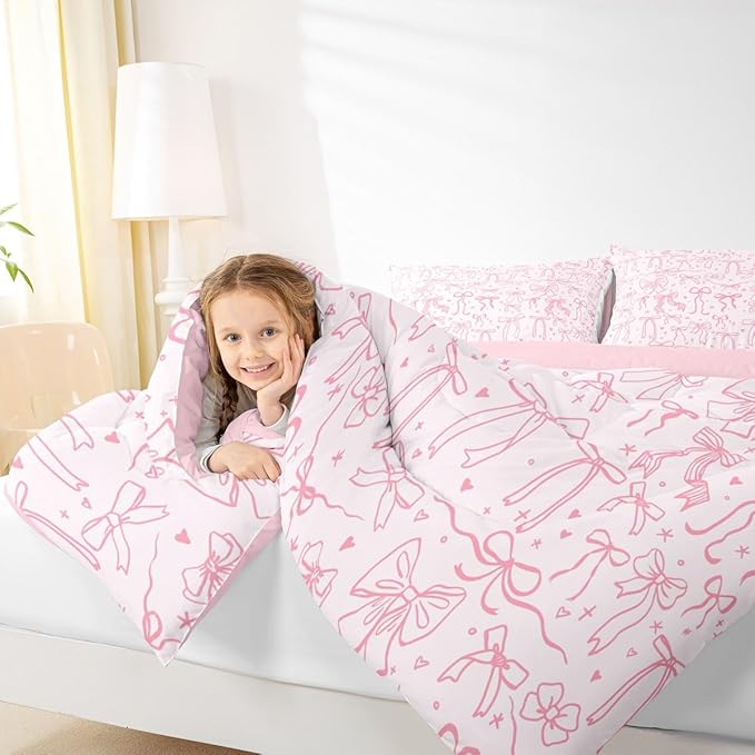 Pink Bowknot Kids Comforter Set Twin Size,Princess Girl Bedding Sets,Cartoon Bow Tie Butterfly Knot Quilt Set Bow Stars Love Pink Sweet Girly Duvet Insert Child Teens Woman Room Decor 2Pcs