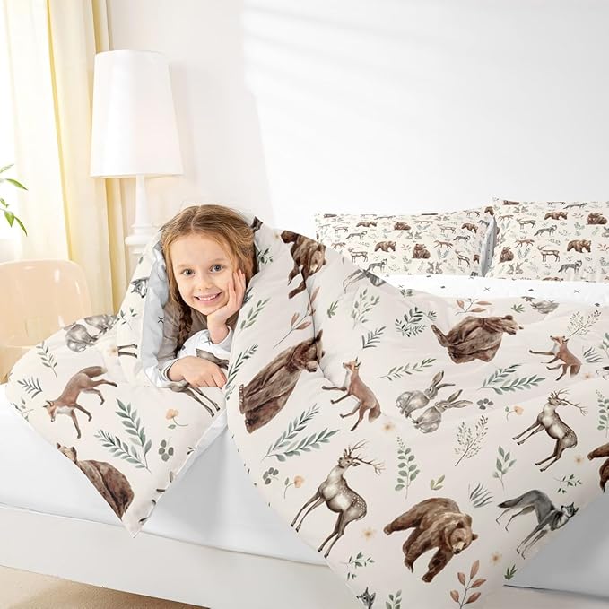 Erosebridal Woodland Animals Comforter Set King Size Bear Deer Hunting Theme Bedding Set for Kids Child Bedroom | Cartoon Rabbit Wolf Fox Wildlife Duvet Insert Rustic Cabin Lodge Decor Quilt