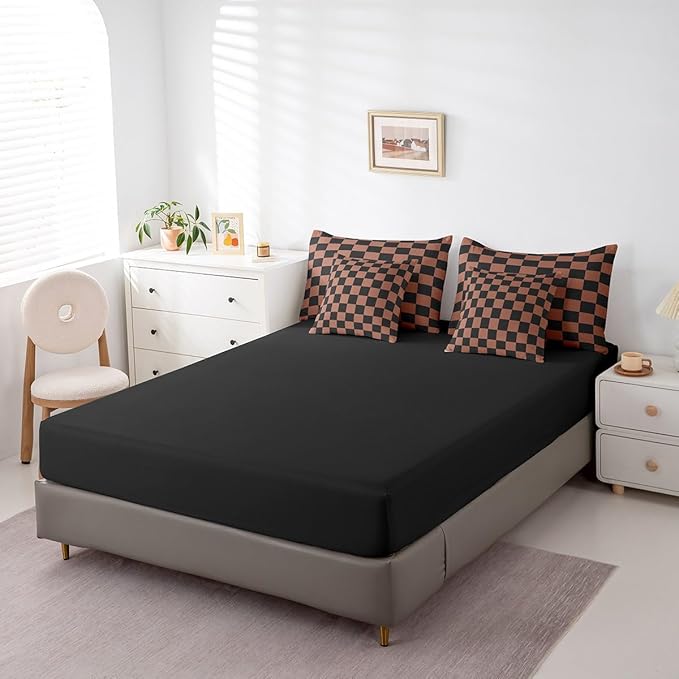 Feelyou Checkered 7 Piece Bedding Set Teen Brown Black Plaid Comforter Set with Sheets Queen Size Kids Boys Cute Retro Neutral Checkerboard Geometric Bed in a Bag Vintage Aesthetic Room Decor