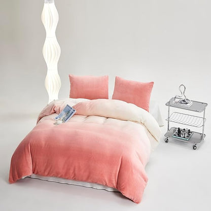 Houseri Pink White Velvet Comforter Set Queen Gradient Light Pink Fluffy Fuzzy Bedding Quilts Women Girls Ultra Comfy Soft Baby Pink Flannel Blush Pink Sherpa Bed Blankets Plush Warm Cozy Queen Size