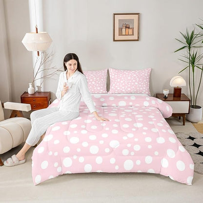Manfei White Polka Dots Comforter Set Twin Size,Geometric Circles Pink White Simple Girly Bedding Set for Kids Teens,Princess French Style Cute Dots Print Comforter,2 Pcs 1 Pillowcase
