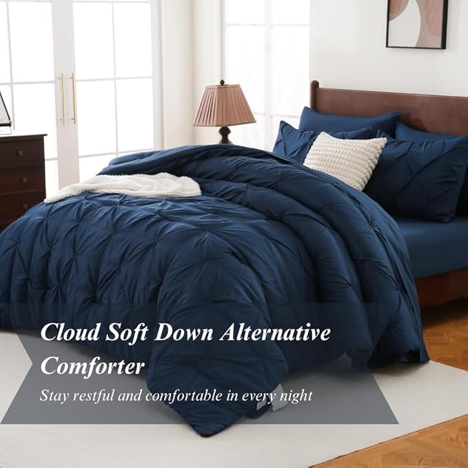Sheet&Joy Queen Comforter Set, 7-Piece Bed in a Bag, Pintuck Bedding Sets for All Season, Includes Comforter, Flat Sheet, Fitted Sheet, Pillowcases and Pillowshams, Navy Blue