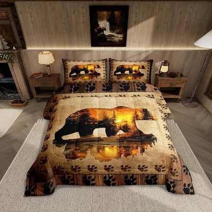 Feelyou Bear Comforter Set Queen Size Farmhouse Wild Animal Comforter Retro Rustic Woodland Bedding Set for Kids Boys Girls Brown Bear Paws Print Duvet Set Rustic Bedroom Decor Quilted Set 3Pcs