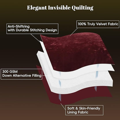 PHF Crushed Velvet Comforter Set King Size, 5-Piece Luxury Winter Bedding Sets with 2 Euro Shams, Heavyweight Warm Fluffy Velvet Bed Spread, Glam Home Decor, Wine Red/Burgundy