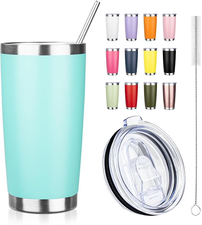 20oz Tumbler with Straw and Brush, Stainless Steel Vacuum Insulated tumbler, Double Wall Insulated Coffee Tumbler for Outdoor, Home, Travel,Office (Light Green,1pcs)