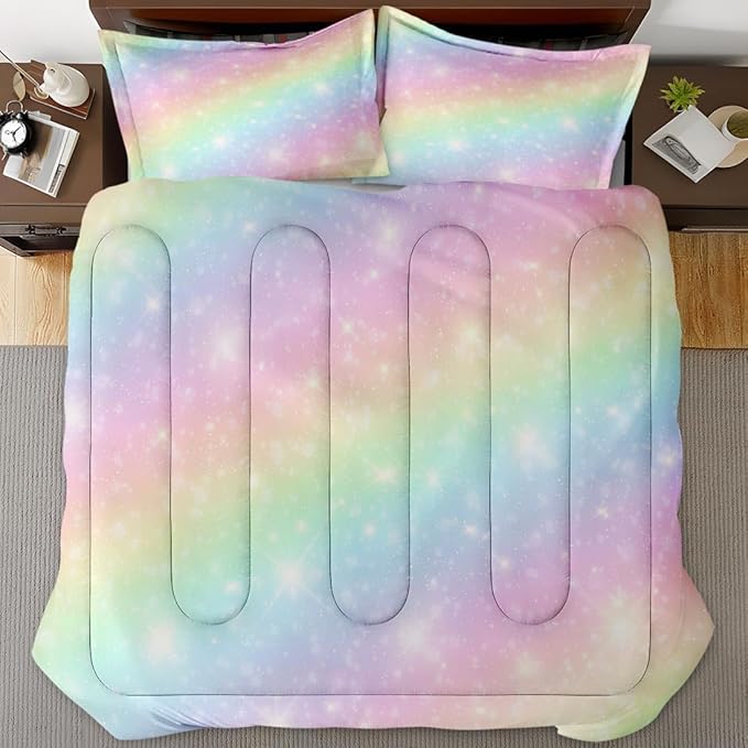 Galaxy Unicorn Rainbow Comforter Set for Girls Kids Toddlers Teens Adults Full, Princess Pink Purple Bedding Sets Water Washed Microfiber Bedding with 1 Comforter 2 Pillowcase All Season