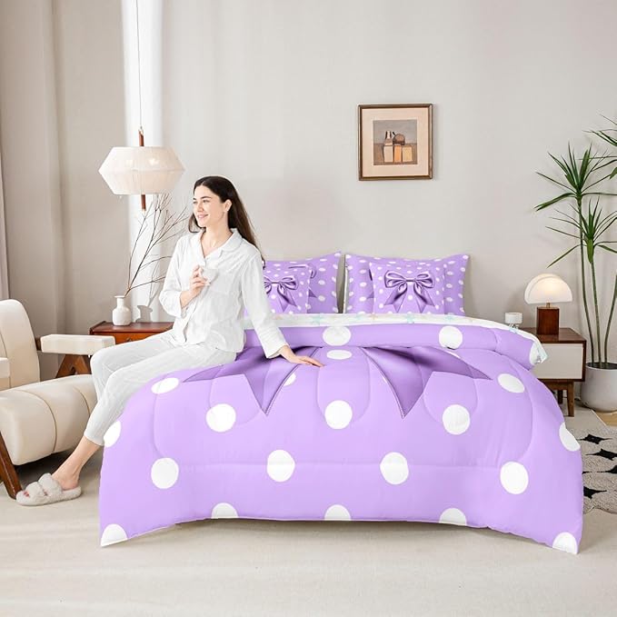 Feelyou Purple Bowknot 7 Piece Bedding Set Polka Point Comforter Set with Sheets for Kids Boys Girls Cute Bow Bed in a Bag Princess Theme Bed Set Soft Lightweight
