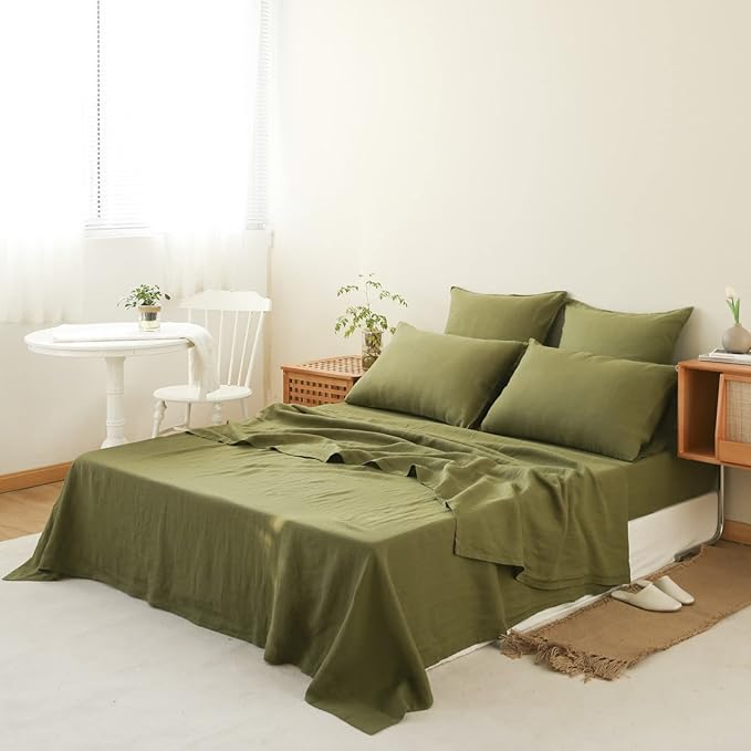 Simple&Opulence Washed Linen Bed Sheet Set Basic Style 4 Pieces (1 Flat Sheet & 1 Fitted Sheet & 2 Pillowcases) 100% Natural French Flax Soft Breathable Farmhouse Bedding (King, Olive Green)
