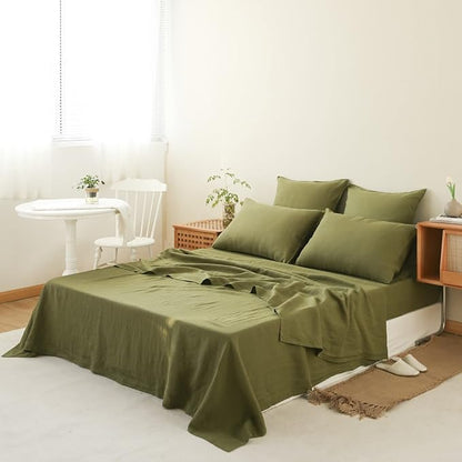 Simple&Opulence Washed Linen Bed Sheet Set Basic Style 4 Pieces (1 Flat Sheet & 1 Fitted Sheet & 2 Pillowcases) 100% Natural French Flax Soft Breathable Farmhouse Bedding (King, Olive Green)