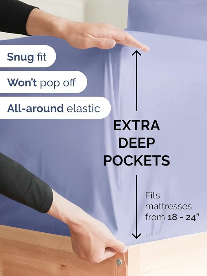 Extra Deep Split King Sheet Set - 7 Piece Breathable and Cooling Sheets - Hotel Luxury Bedding for Women, Men, Kids & Teens - Easy & Secure Fit - Soft and Wrinkle Free - Extra Deep Pockets - Lavender