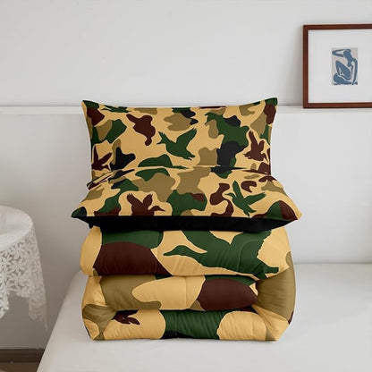 Erosebridal Camo Duck Comforter Set King Size Camouflage Bedding for Kids Hunting Farmhouse Camping Comforter Vintage Army Green Yellow Room Decor Wild Animal Rustic Duvet Set