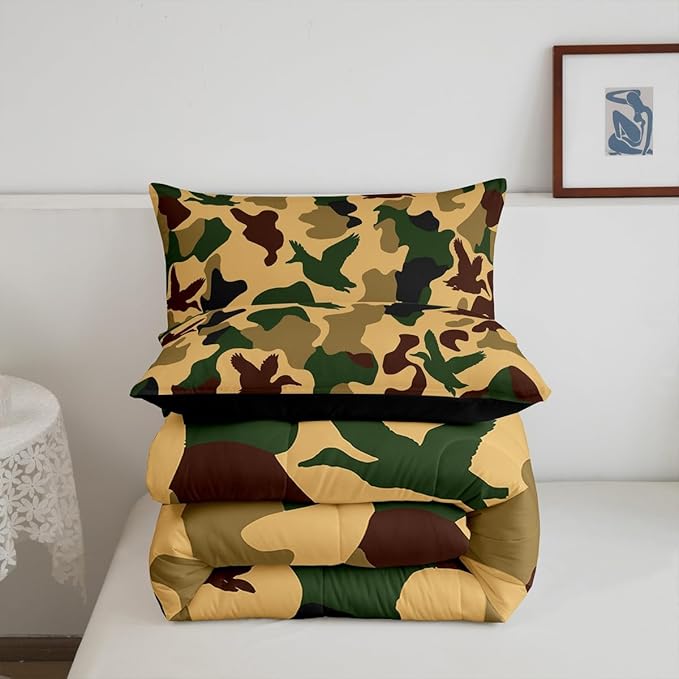 Erosebridal Camo Duck Comforter Set Full Size Camouflage Bedding for Kids Hunting Farmhouse Camping Comforter Vintage Army Green Yellow Room Decor Wild Animal Rustic Duvet Set