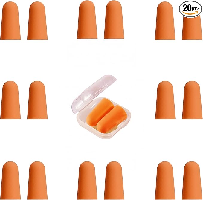 20 Pairs Orange Reusable Ear Plugs, 32dB NRR Noise Reduction, Washable Slow-Rebound Foam Earplugs for Sleeping, Snoring, Work, Concerts, Travel