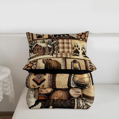 Feelyou Bear Comforter Set Full Size Wildlife Hunting Bedding Set for Kids Boys Girls Rustic Cabin Duvet Quilt Farmhouse Bedroom Decor Microfiber 3 Pcs with 2 Pillow Cases