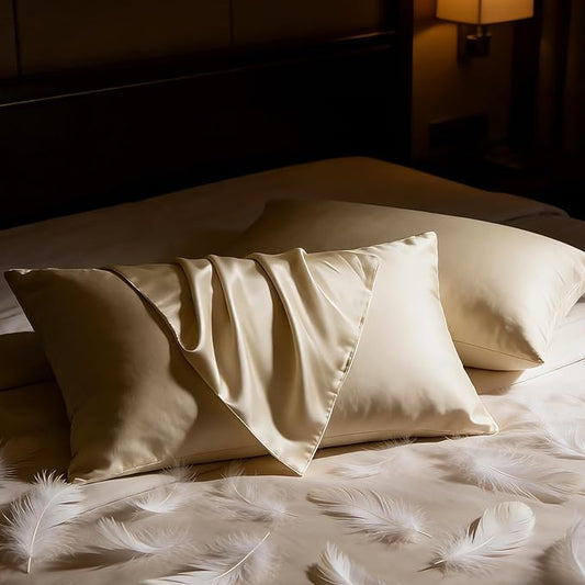 BHZ Beige Satin Goose Down Feather Pillows Standard Size Set of 2 with Pillowcase for Hair and Skin, Cooling Pillow Cases Similar to Silk Pillow Cases, Decor for Women, Mom Men