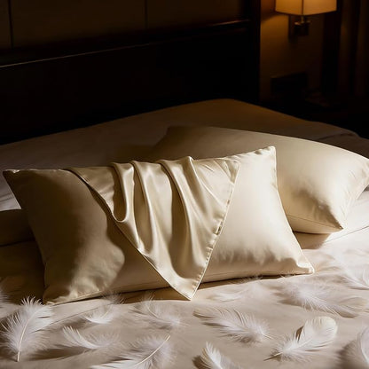 BHZ Beige Satin Goose Down Feather Pillows Queen Size Set of 2 with Pillowcase for Hair and Skin, Cooling Pillow Cases Similar to Silk Pillow Cases, Decorative for Women, Mom Men