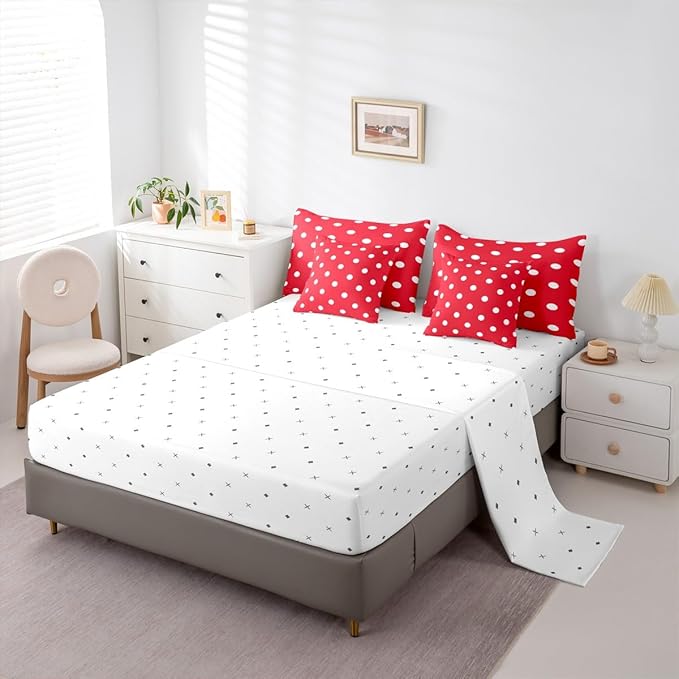 Feelyou Polka Dot 7 Piece Bedding Set Red White Comforter Set with Sheets for Kids Boys Girls Geometric Plaid Bed in a Bag Modern Cute Bed Set Soft Lightweight