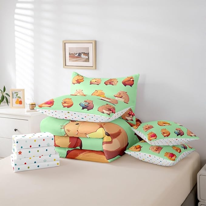 Erosebridal Funny Capybaras 7 Pieces Bedding Set Full,Capybara Lover Bed in a Bag,Cartoon Rodents Bed Set Includes Comforter,Sheet Set,Pillowcases & Pillow Covers,Green Khaki Capybara Bedroom Decor