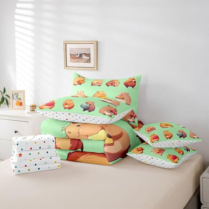 Erosebridal Funny Capybaras 7 Pieces Bedding Set Full,Capybara Lover Bed in a Bag,Cartoon Rodents Bed Set Includes Comforter,Sheet Set,Pillowcases & Pillow Covers,Green Khaki Capybara Bedroom Decor