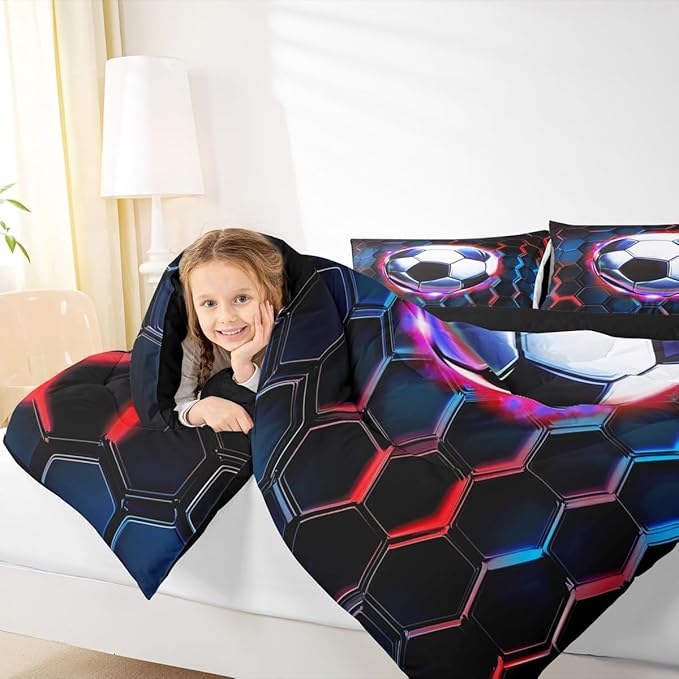 Manfei Football Kids Comforter Set Full Size,Soccer Game Ball Sports Bedding Set,Girls Boys Room Decor,Geometric Honeycomb Hexagon Quilt Comforter,Black Red Duvet Set Bedroom Quilt Set,2 Pillowcases