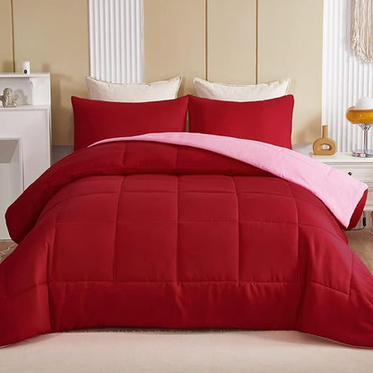 Exclusivo Mezcla Lightweight Reversible Twin Size Comforter Set, Down Alternative Comforter with 1 Pillow Sham, Twin Size Bedding Set for All Seasons, Red/Pink