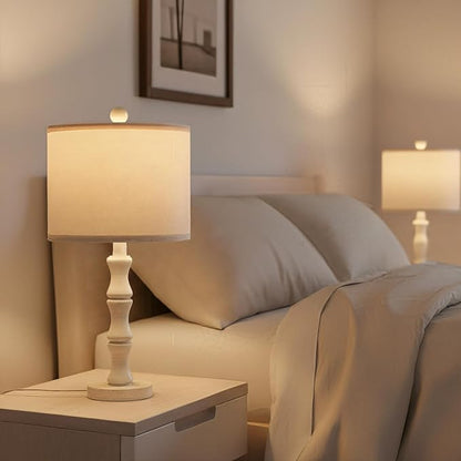 BOBOMOMO 20.5" Farmhouse Bedside Lamps Set of 2, Vintage Nightstand Lamps with Antique White Resin Base & Linen Shade, Small Table Lamps for Bedroom, Living Room, Nursery & Light Neutral Home Décor