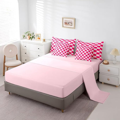 Feelyou Checkered 7 Piece Bedding Set Teen Women Boho Modern Cute Aesthetic Decorative Girly Comforter Set with Sheets King Size Kids Boys Geometric Chic Bed in a Bag Pink White Plaid Room Decor