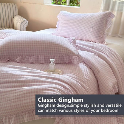 NSNLGSGC Pink Ruffle Gingham Comforter Set Queen, Pre-Washed Ruffled Plaid Checked Comforter Bedding, 3 Pieces Vintage Farmhouse Grid Bedding Set(Pink Gingham, Queen)