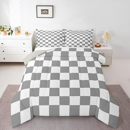 Feelyou Checkered Retro Comforter Set All Season Grey Plaid Bedding Set with 2 Pillow Cases Geometric Vintage Kids Queen Bedclothes Modern Simple Groovy Aesthetic Bedroom Decor Duvet Quilt