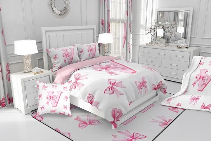 Erosebridal Initial Letter V Bow Bedding Set for Kids Girls Teen Women,Pink Girly Bowknot Comforter Set Full Cute Fantasy Princess Bedding Comforter Sets Kawaii Watercolor Bow Quilt Duvet