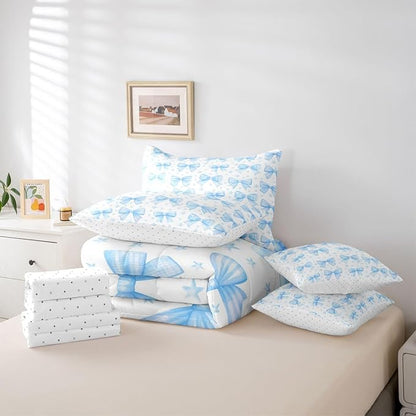 Erosebridal Kawaii Cute Girls Blue Bowknot Comforter Set Queen Size 7 Pieces | Bow Kids Bed in A Bag Dreamy Bed Set Starry Princess Bedding