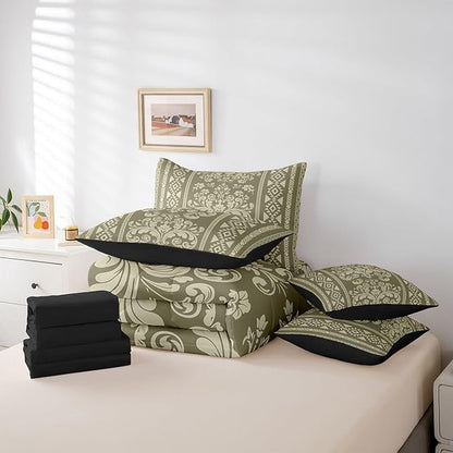 Comforter Set Queen Size, Olive Green Damask Aztec 7 Pcs Bedding for Kids Adults, Antique Decor Western Baroque Gothic Bed Sheet Sets with Fitted Sheet 2 Pillowcases & 2 Shams for Bedroom Bed Decor