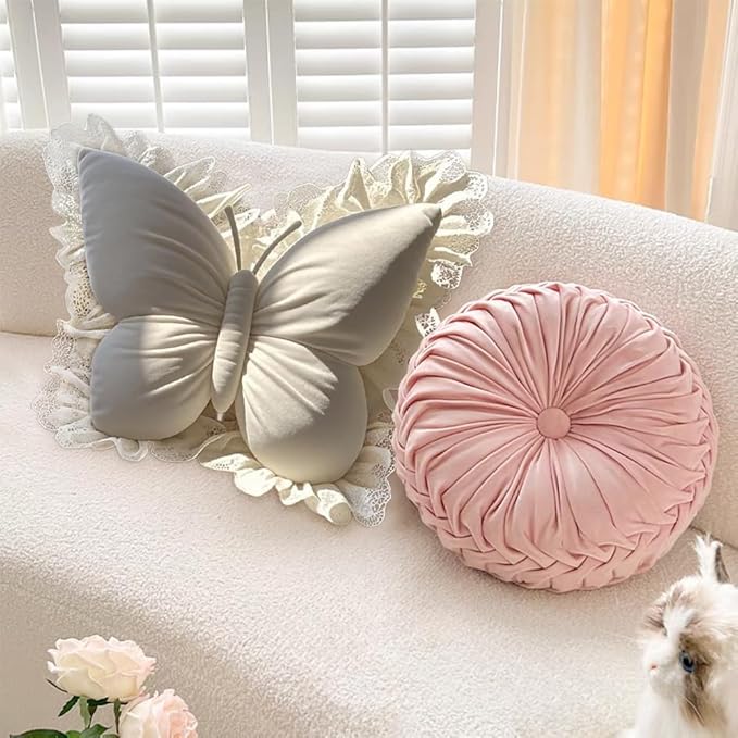 Butterfly Throw Pillow,21.6 inch Velvet Butterfly Decorative Pillow with Lace Trim,Animal Pillow for Couch Living Room Bed,Home Garden Decor (Off-White)