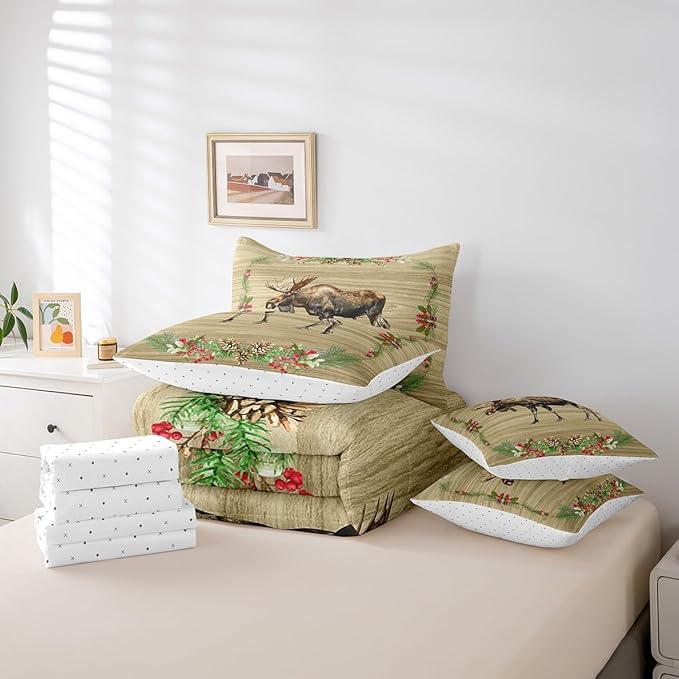 Moose Comforter Set 7 Piece Bed in a Bag Twin,Woodland Animals Bedding Sets Reindeer Elk Deer Sheet Set with Comforter