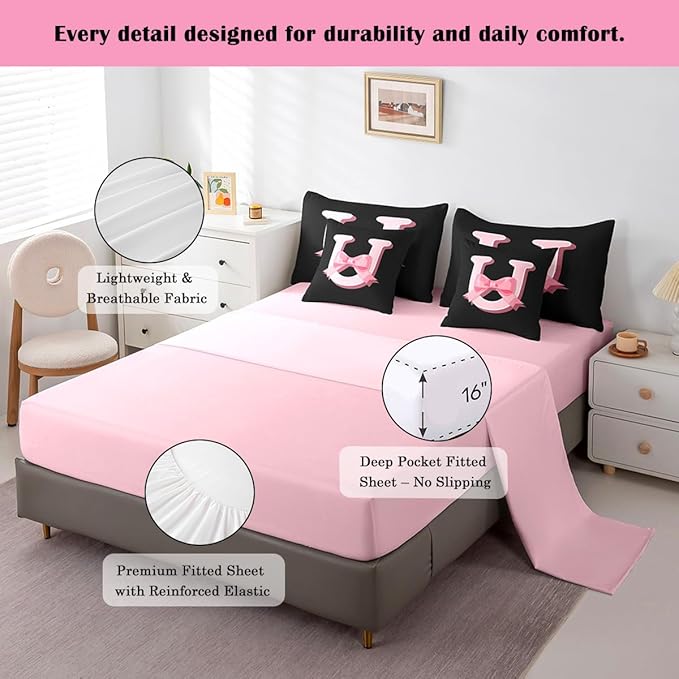 jejeloiu Kawaii Pink Bow Queen Comforter Set with Sheets,Gifts for Women Teen Girl,Monogrammed 7 Piece Bedding Set,Soft Personalized Initial Letter U Bed in a Bag with Comforter,Sheets,Pillowcases