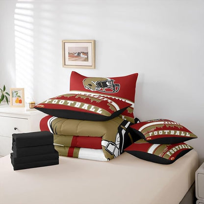 Erosebridal Football 7 Pcs Comforter Set King Football Fans Bedding for Boys Girls Football City Sheet Set Bed in A Bag Red Rugby Competition Room Decor Sports Ball Game Quilt
