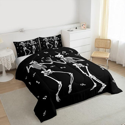 Erosebridal Halloween Skull Dancing Comforter Set Toddler, Gothic Skull Singing Bedding Set, Skeleton Music Note Comforter, Musical Notes Quilt for Kids Boys Men Goth Room Decor, 2 Piece