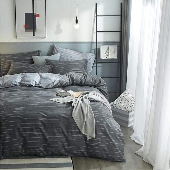 VM VOUGEMARKET Grey Blue Stripes Comforter Set Twin XL Teen Boys Men Down Comforter with 2 Pillowcases,Modern Luxury Striped Bedding Quilt Set 68"x90"
