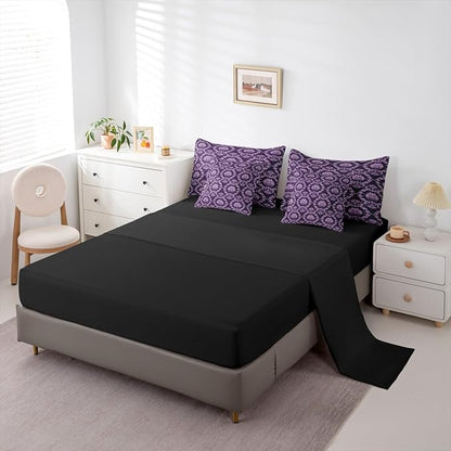 Erosebridal Black and Purple Damask Full Size Bed Sheets and Comforter Set | Antique Decor Gothic Vintage Floral 7 Piece Bedding Set Goth Victorian Bed in a Bag, Luxury Bohemian Room Decor