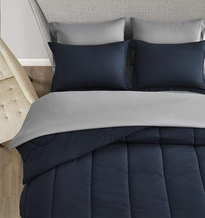 Maple&Stone Twin XL Comforter Set 5 Pieces Bed in a Bag - Down Alternative Bed Set with Sheets, Pillowcase & Sham, Soft Reversible Duvet Insert for Twin XL Bed, Navy & Dark Grey