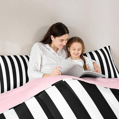 Erosebridal Black and White Striped Full Comforter Set (Pink Reversible) | Striped Bedding Set Pink and Black Comforter Sets for Kids Teens Adults Cute Pinstripe Girls Bed Quilt Sets