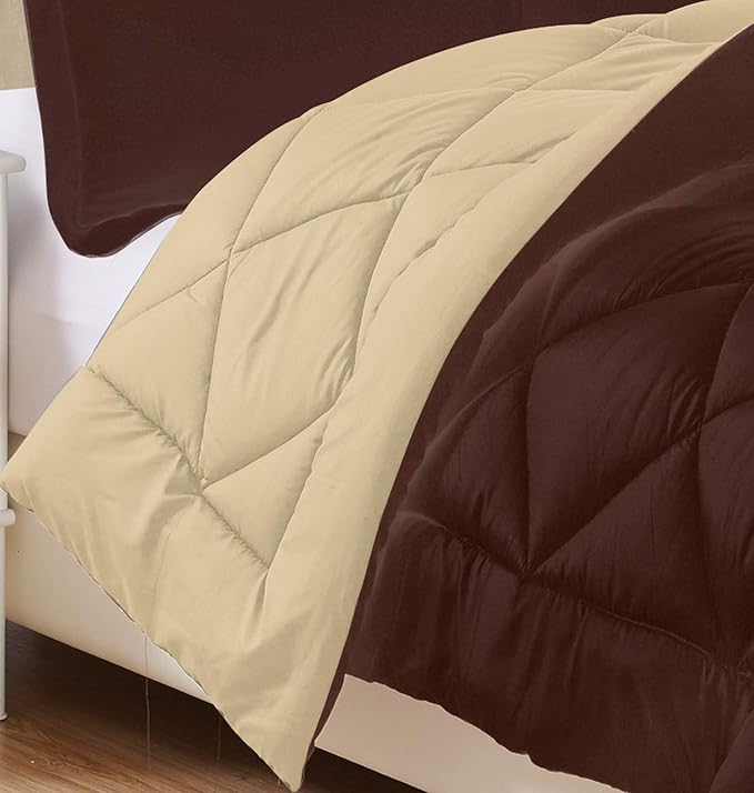 Elegant Comfort Goose Down Alternative-Diamond-Stitched-Quilted 3-Piece Reversible Comforter Set/Duvet Insert Ultra Soft Bedding-Medium Warmth for All Seasons, Full/Queen, Chocolate Brown/Cream