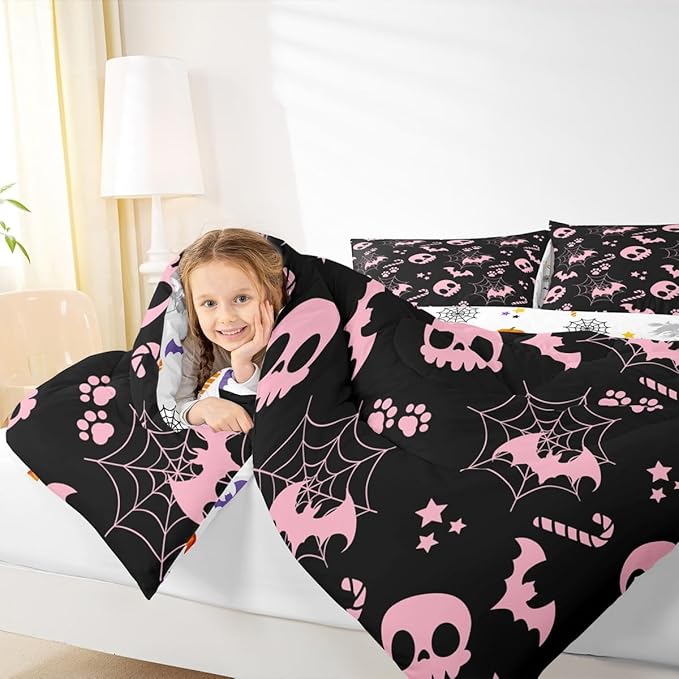 Erosebridal Cute Pink Halloween Twin Bedding Sets Spider Web Skull Bat Comforter Set Spooky Goth Gothic Animal Quilt Duvet Set Horror Halloween Bedding Collections for Kids Teens Adults