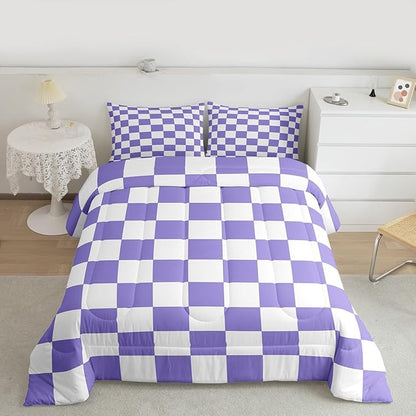 Checkered Retro Comforter Set Full Size Purple Plaid Bedding Set for Kids Boys Girls Geometric Vintage Duvet Quilt Modern Simple Groovy Aesthetic Bedroom Decor 3 Pcs with 2 Pillow Cases